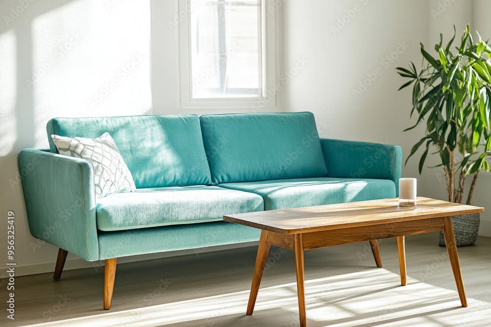 The turquoise sofa is arranged in a spacious living room against a blank wall, ready for copy space. This is a Scandinavian-style living room. The turquoise sofa is arranged in a spacious living room against a blank wall, ready for copy space. This is a Scandinavian-style living room.