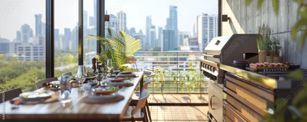 Φωτογραφία Enjoying a barbecue brunch on the balcony with a view of the city skyline, 4K hy