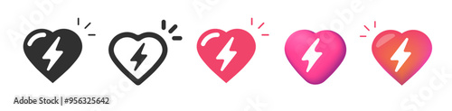 Artificial heart with lightning bolt energy icon symbol vector graphic illustration set simple flat cartoon sign, love life power pictogram line stroke and 3d image clip art
