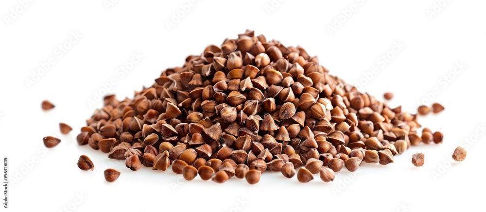 A side view copy space image of a heap of buckwheat seeds on a white background A side view copy space image of a heap of buckwheat seeds on a white background
