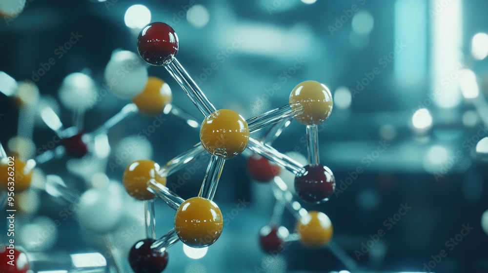 Close-up of a molecular model with intricate bonds and atoms rendered in a high-tech, medical-themed environment, emphasizing scientific research. Close-up of a molecular model with intricate bonds and atoms rendered in a high-tech, medical-themed environment, emphasizing scientific research.