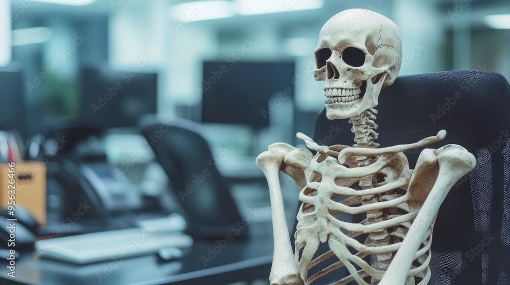 Skeleton Businessman Working in the Office, Dead Skeleton in Workplace, 3D Illustration. AI generated illustration. Skeleton Businessman Working in the Office, Dead Skeleton in Workplace, 3D Illustration. AI generated illustration.