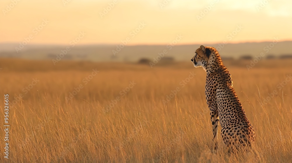 Majestic cheetah standing tall and alert scanning the boundless savanna landscape with the horizon in the distance providing ample copy space for text or design elements Majestic cheetah standing tall and alert scanning the boundless savanna landscape with the horizon in the distance providing ample copy space for text or design elements