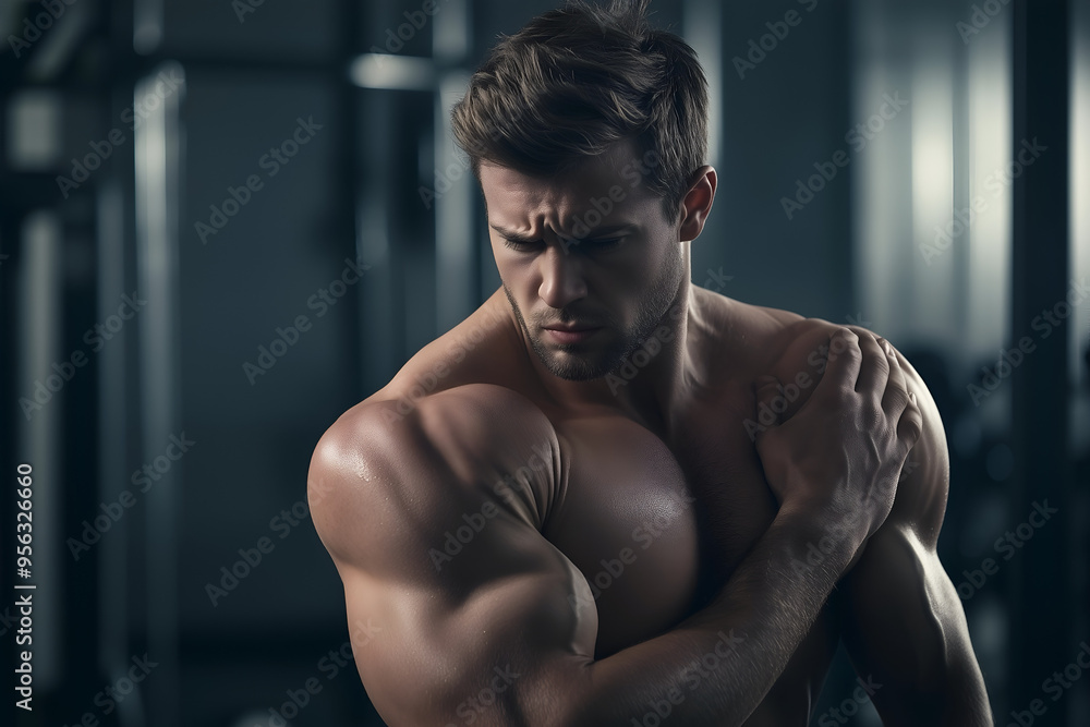 A bodybuilder in a gym clutching his shoulder in pain, indicating injury or discomfort. A bodybuilder in a gym clutching his shoulder in pain, indicating injury or discomfort.