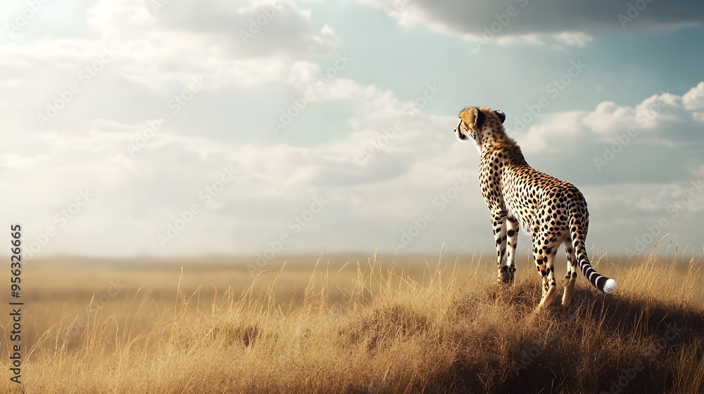Powerful and Graceful Cheetah Scanning the Vast Horizon of an Iconic African Savanna Landscape with Dramatic Sky Powerful and Graceful Cheetah Scanning the Vast Horizon of an Iconic African Savanna Landscape with Dramatic Sky