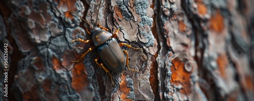 Curious beetle exploring tree bark texture, 4K hyperrealistic photo photo