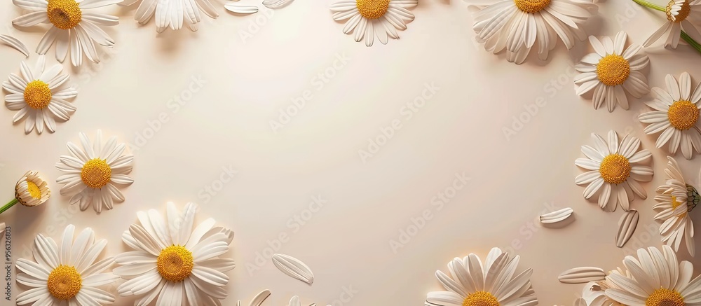 Circular frame of chamomile daisies on a light beige background with room for text or images ideal for creating a summer themed design. Creative banner. Copyspace image
