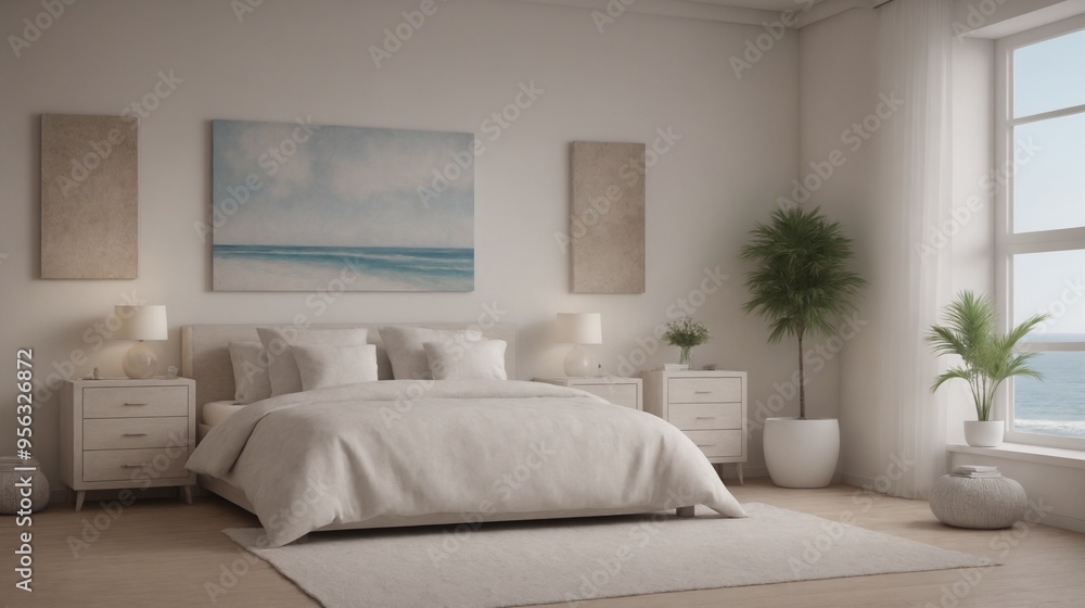 Fototapeta premium Ultra-realistic sea-side master bedroom with photo frames and other accessories interior design image template. White bedroom interior image.
