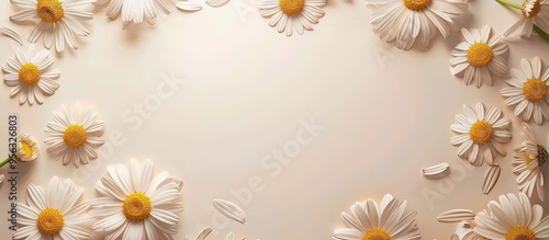 Obraz na płótnie Circular frame of chamomile daisies on a light beige background with room for text or images ideal for creating a summer themed design. Creative banner. Copyspace image w salonie