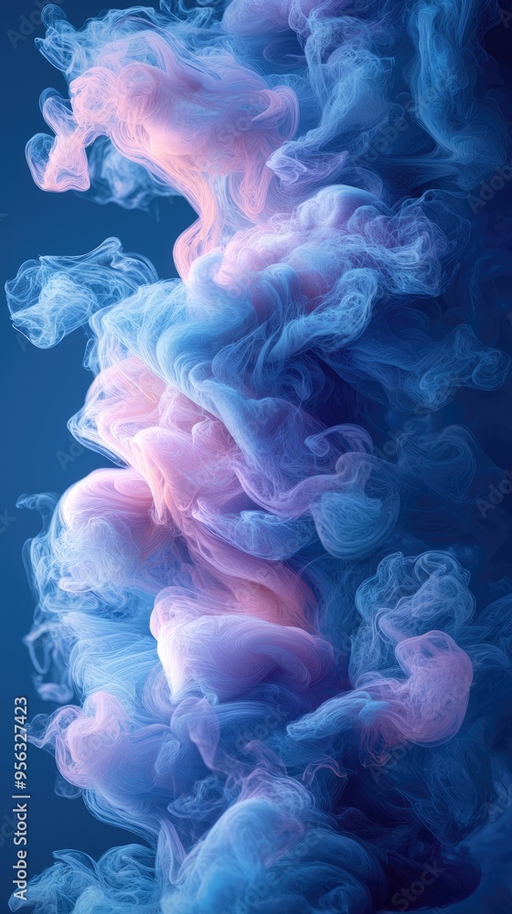 Pink and blue ink are creating abstract shapes on a blue background