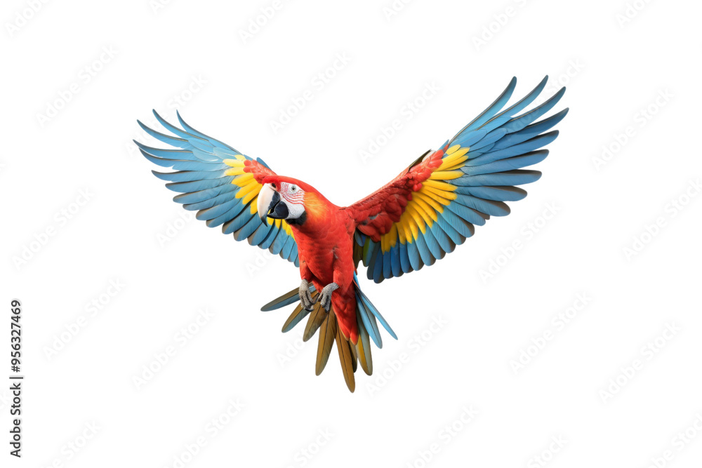 Fototapeta premium The image features a red scarlet macaw bird, its wings spread out. Suitable for website backgrounds or marketing materials for nature, wildlife, tropical themes, and bird enthusiasts