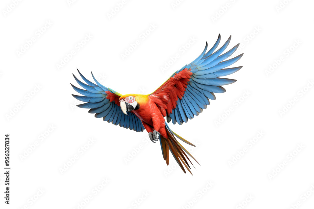Fototapeta premium The image features a red scarlet macaw bird, its wings spread out. Suitable for website backgrounds or marketing materials for nature, wildlife, tropical themes, and bird enthusiasts