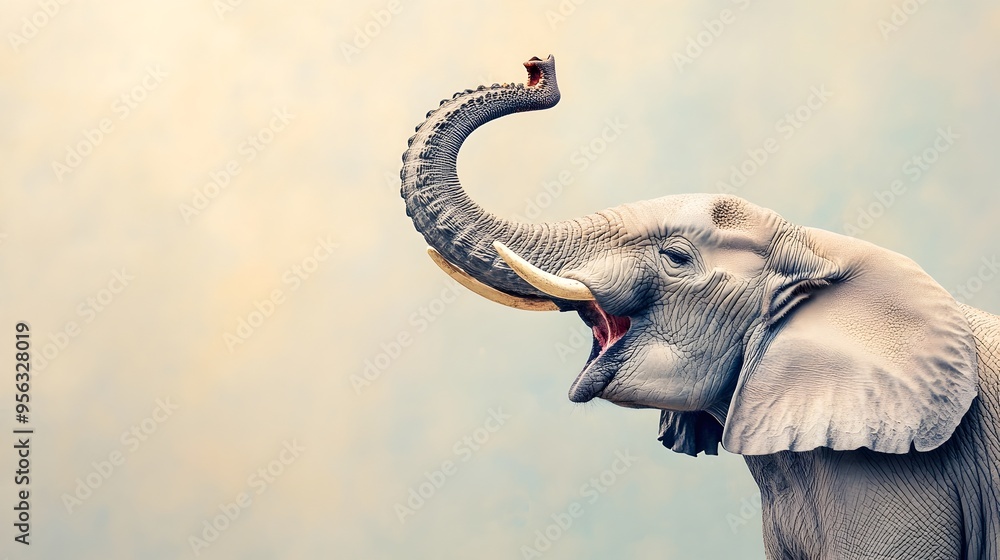 Obraz premium A powerful African elephant trumpeting loudly with its trunk raised showcasing its massive size and majestic presence against a backdrop of a savanna landscape with a cloudy sky