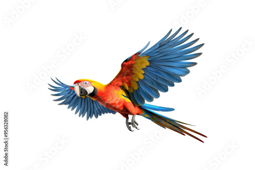 The image features a red scarlet macaw bird, its wings spread out. Suitable for website backgrounds or marketing materials for nature, wildlife, tropical themes, and bird enthusiasts