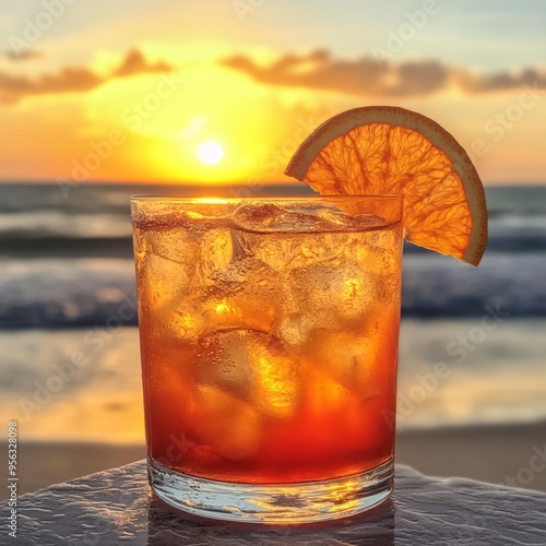 A refreshing cocktail with an orange slice garnish sits on a table with a stunning sunset over the ocean in the background.