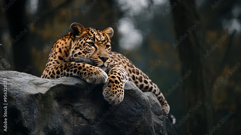 Fototapeta premium Majestic leopard resting on a rocky outcrop in a natural setting with ample copy space for text or design elements The powerful feline is captured in a serene tranquil moment