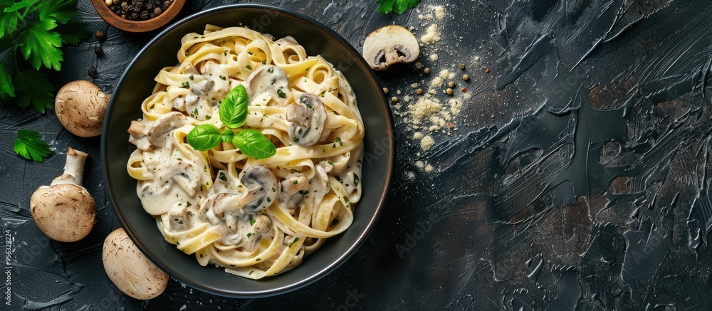 Top down view of homemade Italian pasta with champignon mushrooms and cream sauce on a rustic dark backdrop with copy space image