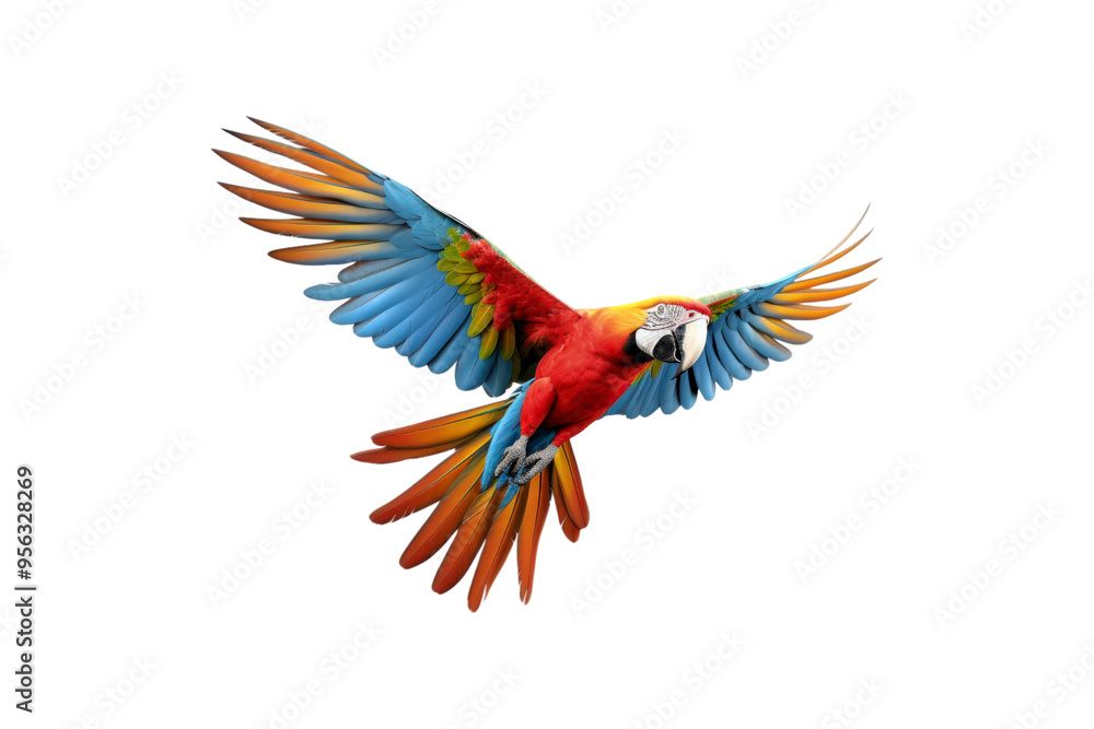 Obraz premium The image features a red scarlet macaw bird, its wings spread out. Suitable for website backgrounds or marketing materials for nature, wildlife, tropical themes, and bird enthusiasts