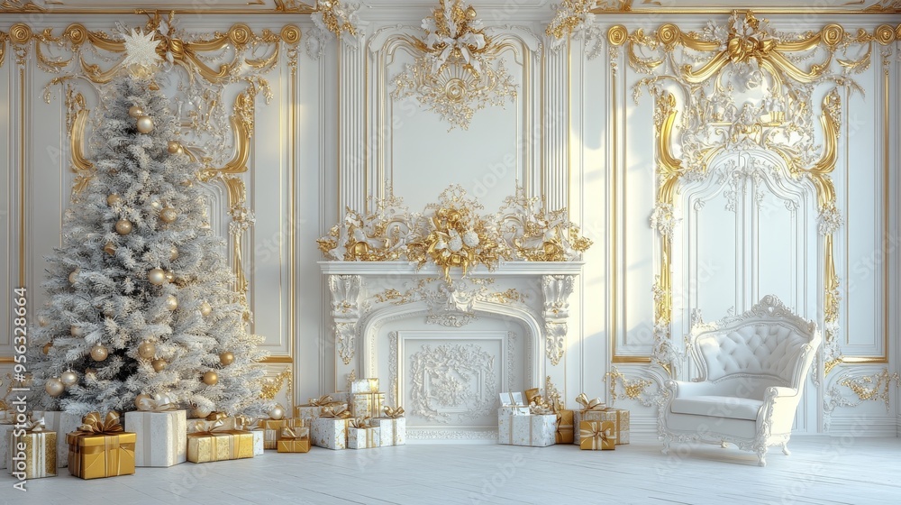 Christmas Luxury Interior. White Chiseled Fireplace And A Chair. Golden Decor. New Year Christmas Luxury Interior. White Chiseled Fireplace And A Chair. Golden Decor. New Year