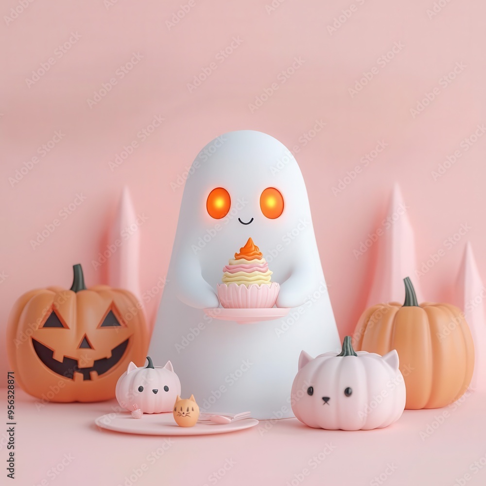 A cute ghost with glowing eyes holds a cupcake amidst playful pumpkins and bats, perfect for Halloween decor. A cute ghost with glowing eyes holds a cupcake amidst playful pumpkins and bats, perfect for Halloween decor.