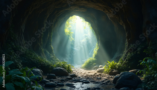 Interior of a cave with a large opening in the center. The cave is made of dark rocks and is surrounded by lush greenery. 