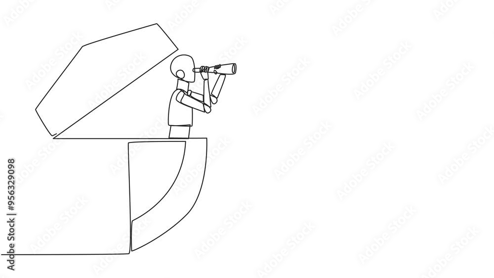 Self drawing animation of single one line drawing a smart robot emerges from the shield looking for something through binoculars. Doing job. Securing web from hacker attacks. Full length animated Self drawing animation of single one line drawing a smart robot emerges from the shield looking for something through binoculars. Doing job. Securing web from hacker attacks. Full length animated