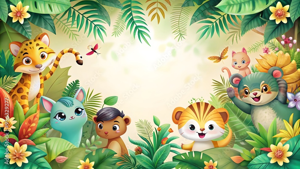 Fototapeta premium colorful floral border and playful jungle animals vibrant nature frame design