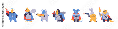 Set of vectors with fantastic animal warriors in armor, with swords, maces and blasters