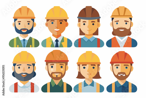 Construction worker face avatar icons vector, Construction worker, Illustration of man wearing worker apron outfit 