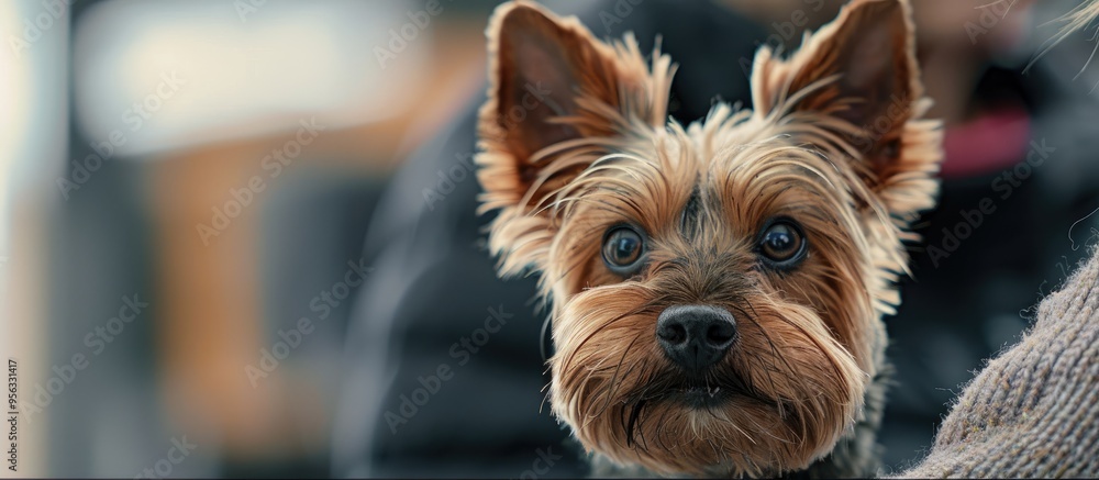 In grooming salon a tiny adorable dog gazes over a caregiver s shoulder in a close up portrait leaving room for copy space image In grooming salon a tiny adorable dog gazes over a caregiver s shoulder in a close up portrait leaving room for copy space image