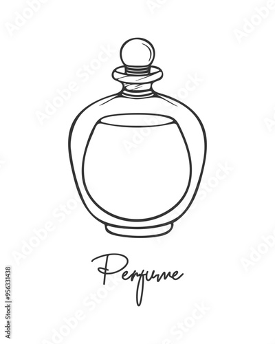 Perfume bottle in minimalist style lineart, contour stylized doodle drawing, isolated on white background.
