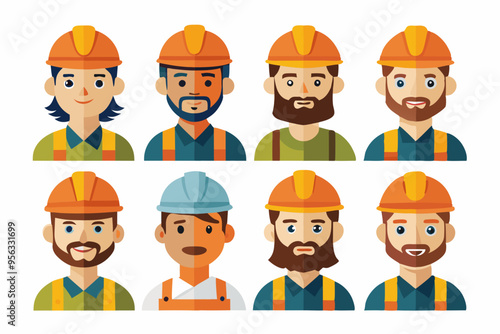 Construction worker face avatar icons vector, Construction worker, Illustration of man wearing worker apron outfit 