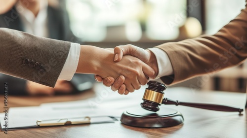 Wallpaper Mural A professional lawyer shaking hands with her client over an office desk with documents and a gavel with law books background, Bribery, Concept lawyer, and legal. Torontodigital.ca