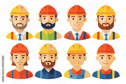 Construction worker face avatar icons vector, Construction worker, Illustration of man wearing worker apron outfit 