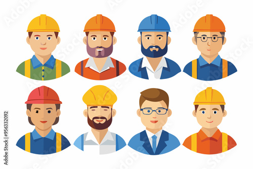 Construction worker face avatar icons vector, Construction worker, Illustration of man wearing worker apron outfit 