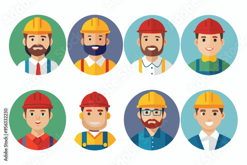 Construction worker face avatar icons vector, Construction worker, Illustration of man wearing worker apron outfit