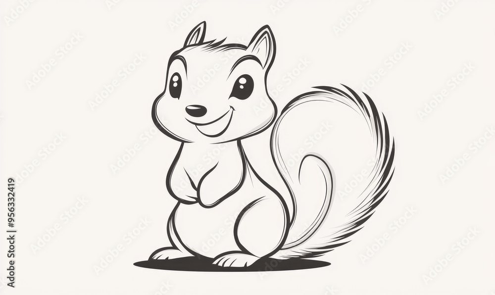 Line art illustration of a cheerful squirrel in a cartoon style Line art illustration of a cheerful squirrel in a cartoon style