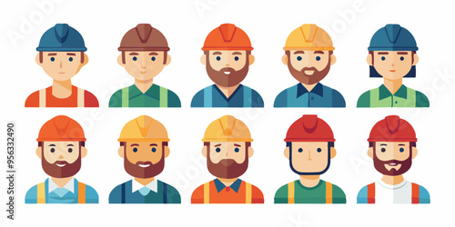 Construction worker face avatar icons vector, Construction worker, Illustration of man wearing worker apron outfit