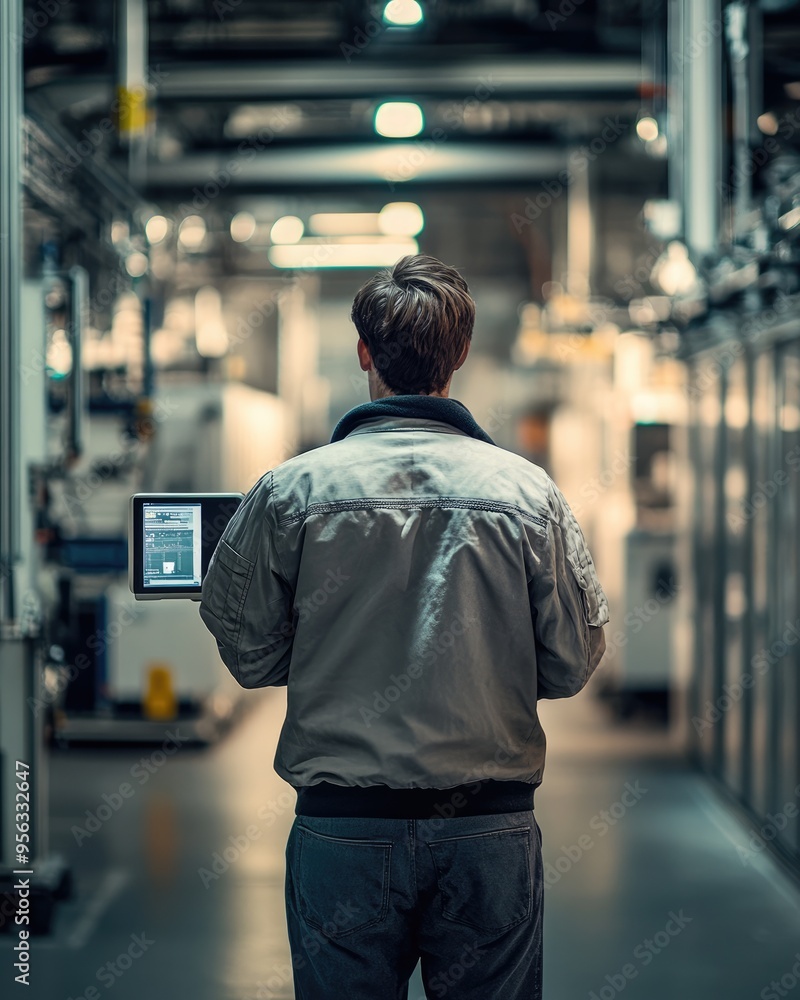 South European Worker in Modern Factory with iPad South European Worker in Modern Factory with iPad