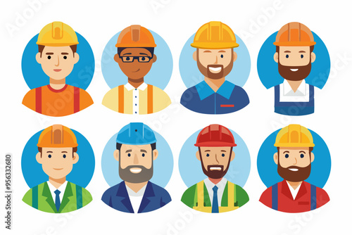 Construction worker face avatar icons vector, Construction worker, Illustration of man wearing worker apron outfit