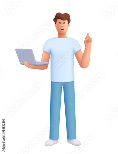 Young smiling man standing, holding and using laptop computer . Computer technology concept. 3d vector people character. Cartoon minimal style.