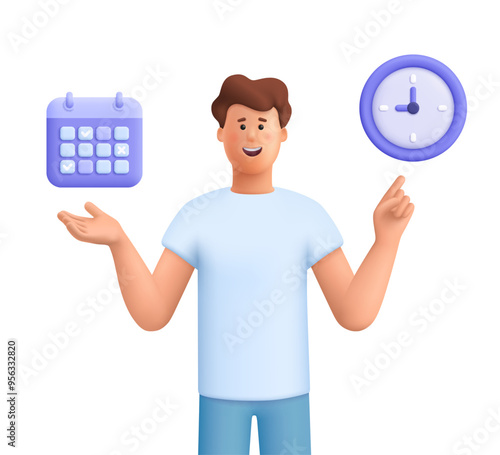 Young smiling business man pointing to calendar and clock. Time management, timing, self organization, business planning concept. 3d vector people character. Cartoon minimal style.