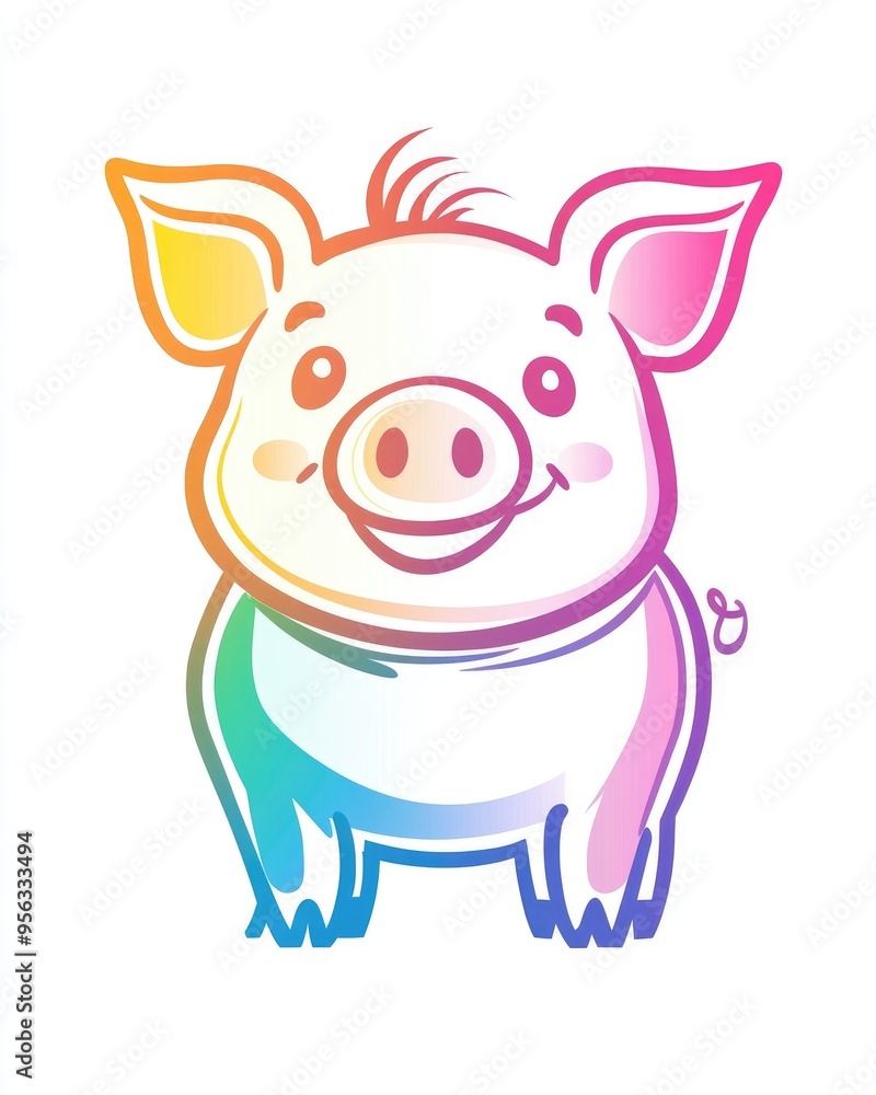 Line art illustration featuring a rainbow gradient depicting a cheerful cartoon pig Line art illustration featuring a rainbow gradient depicting a cheerful cartoon pig