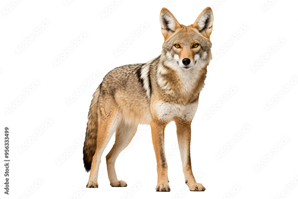 Obraz premium Realistic PNG of a coyote standing alert with transparent background for easy integration into designs