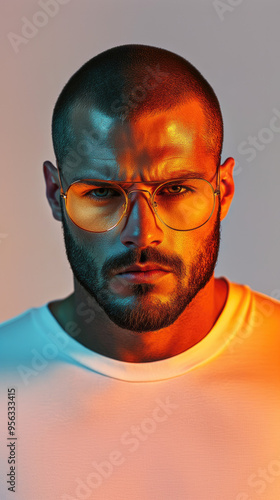 a perfectly symmetrical upper body realistic photo of an attractive tan man wearing yellow len blue light blocking glasses