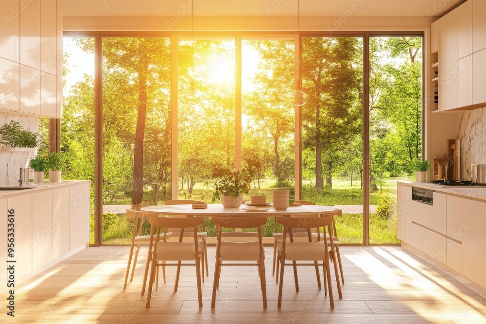 An elegant modern minimalist interior design of a kitchen with an island, table, chairs, and other furniture. Generated using stock An elegant modern minimalist interior design of a kitchen with an island, table, chairs, and other furniture. Generated using stock