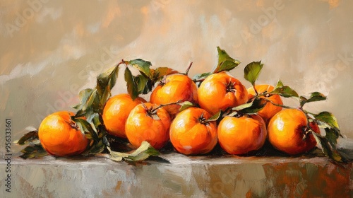 Oil painting depicting Fuyu Persimmon a Japanese cultivar characterized by its depressed globose fruit that matures from yellow to orange and is nonastringent photo