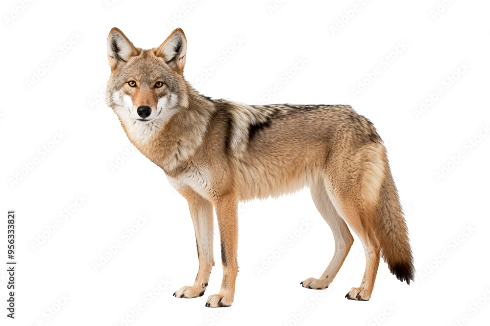 Realistic PNG of a coyote standing alert with transparent background for easy integration into designs Realistic PNG of a coyote standing alert with transparent background for easy integration into designs