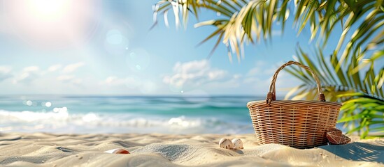 Sandy beach backdrop with a vacant summer picnic basket ideal for displaying items signaling a summer theme with ample copy space image