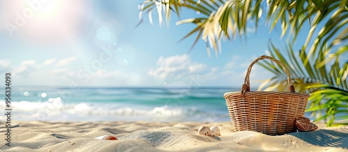 Fototapeta Naklejka Na Ścianę i Meble -  Sandy beach backdrop with a vacant summer picnic basket ideal for displaying items signaling a summer theme with ample copy space image
